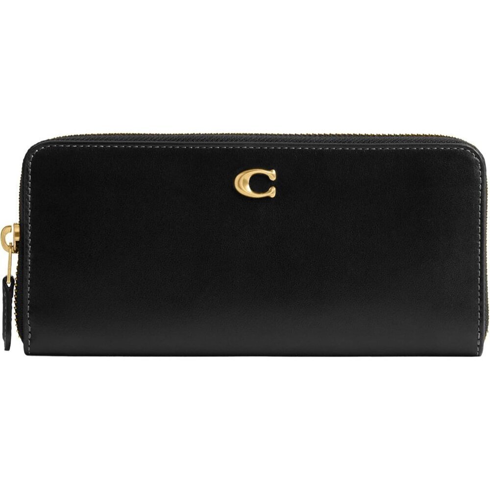 Women's Smooth Leather Essential Slim Accordion Zip, Black